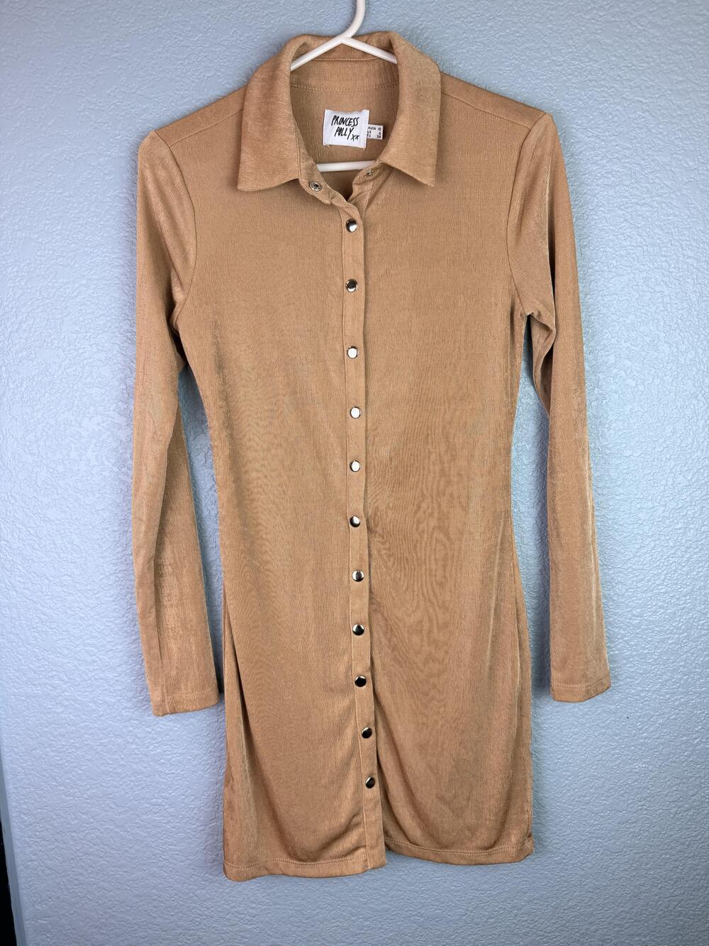 Princess Polly Shirt Dress Womens 6 Beige Collared Snap Front Bodycon Mini